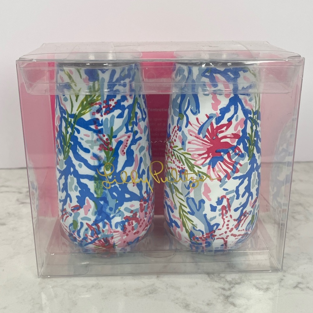 Lilly Pulitzer Blue Pink Green Floral Stemless Wine Tumblers (Set of 2)